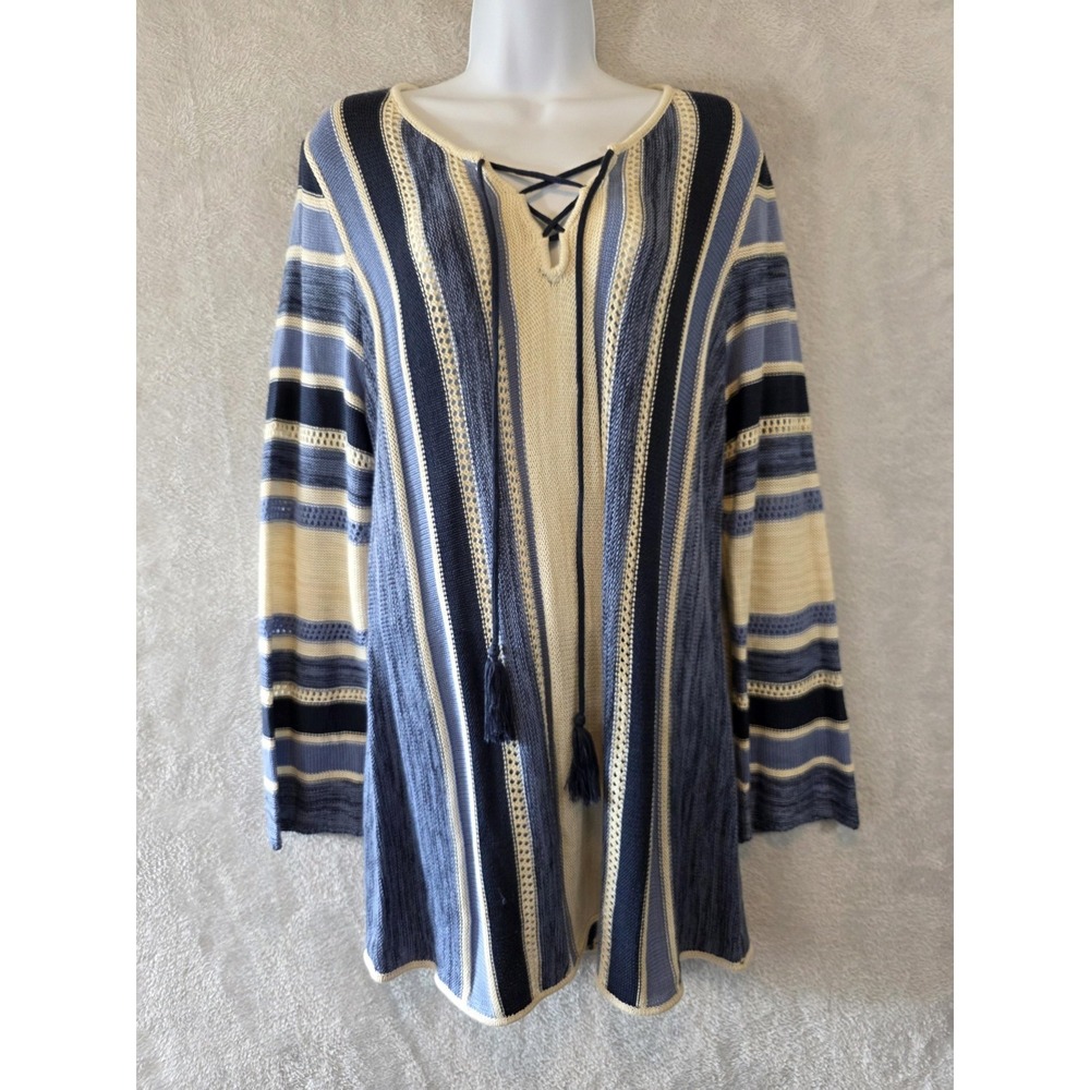 NWT Hannah Sweater Tunic Womens XL Blue Stripe Tassel Beach Cover Up Coastal